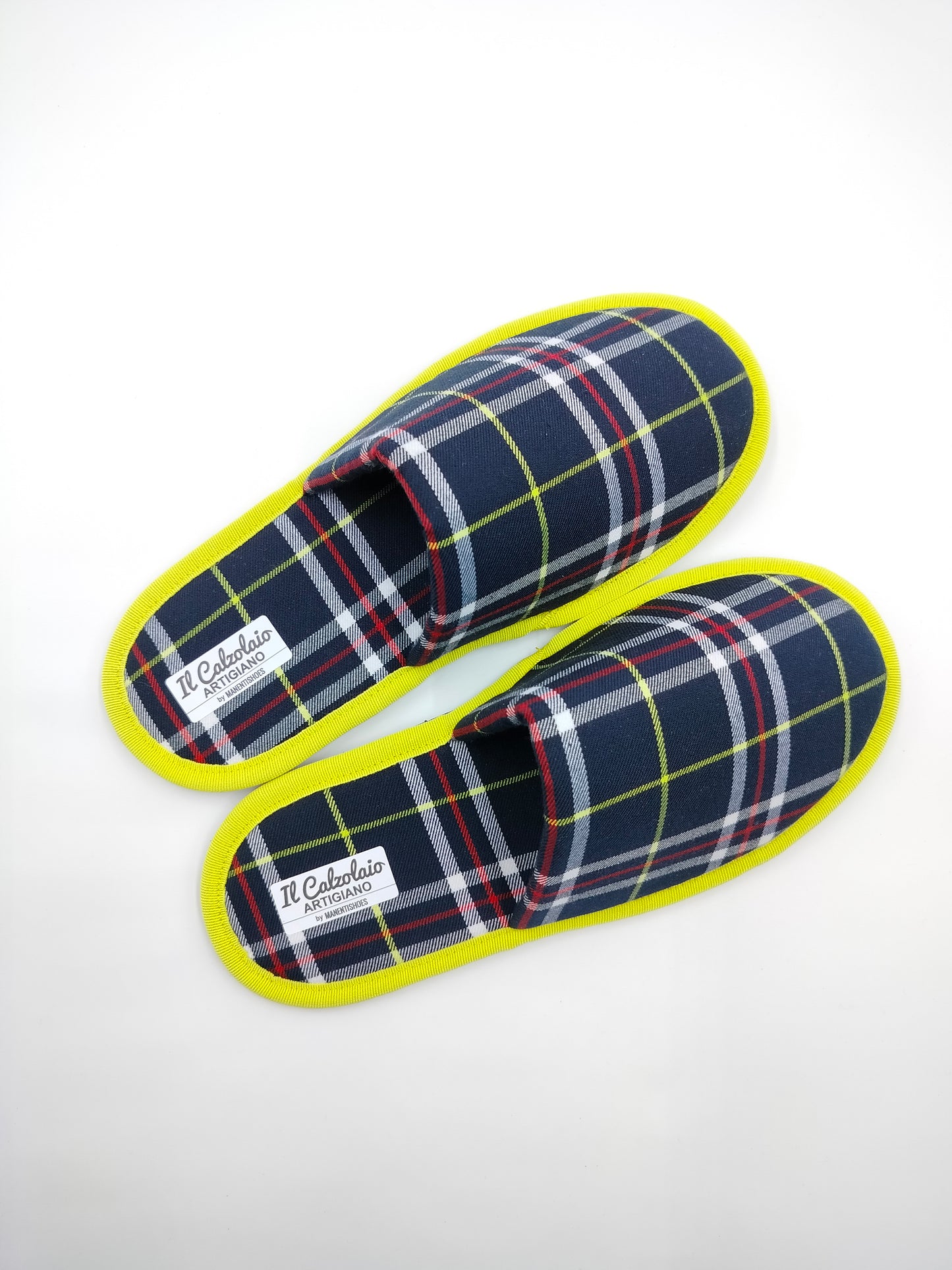 Pantofoline Artigianali SCOZZESE BLU bordatura GIALLO intenso