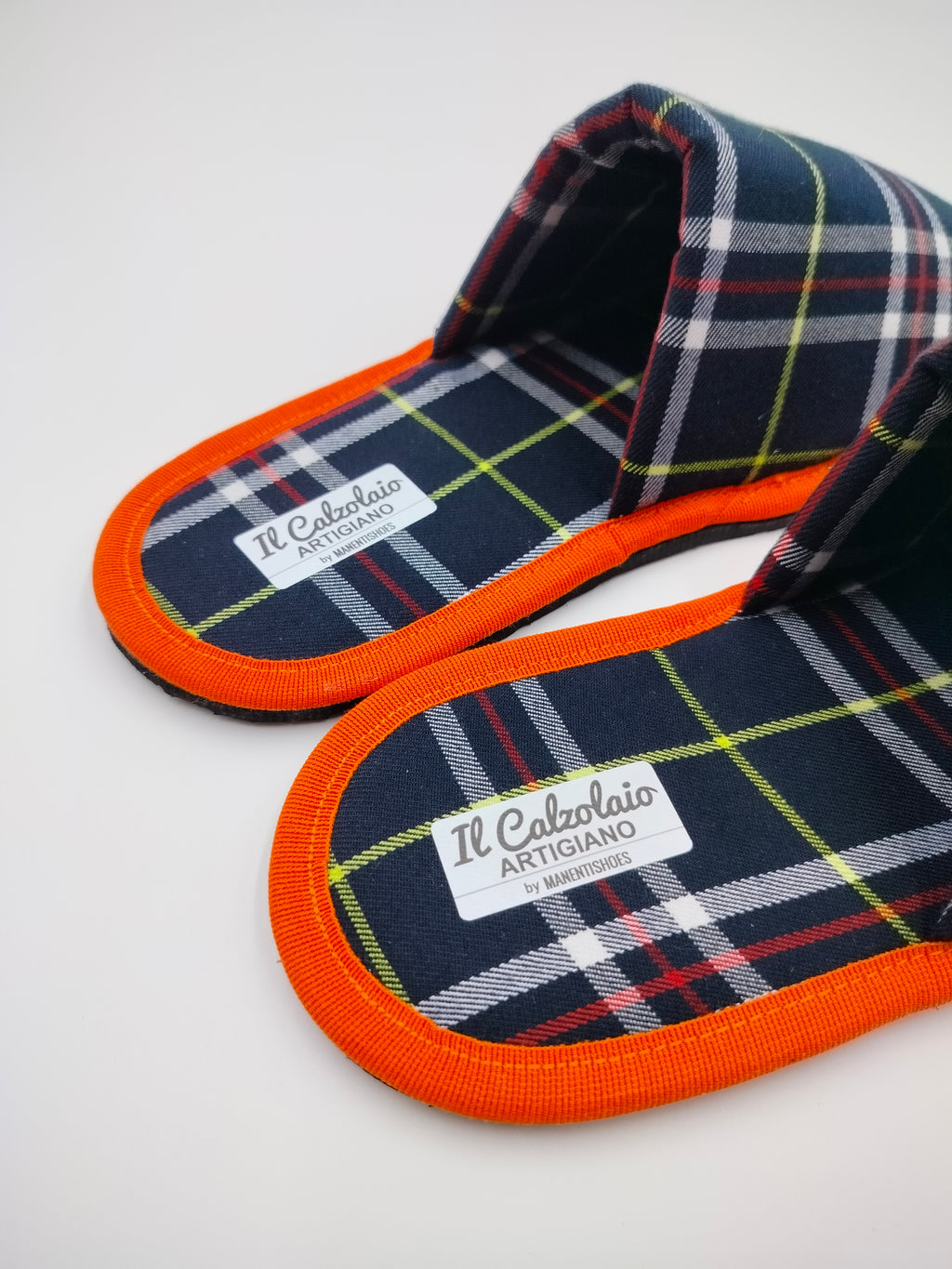 Pantofoline Artigianali SCOZZESE BLU bordatura ARANCIONE intenso