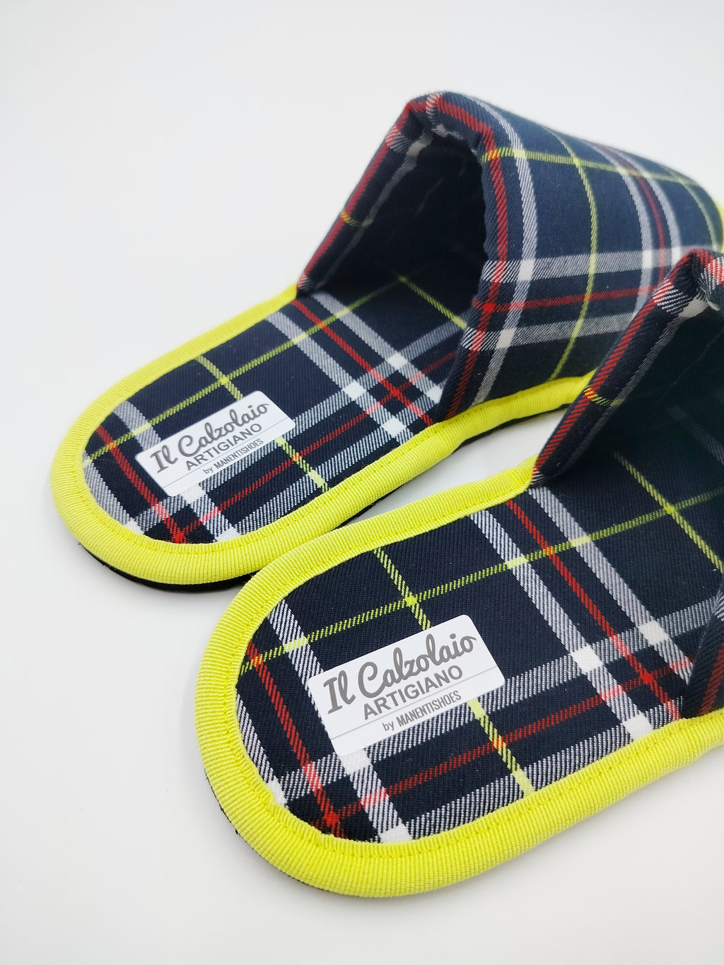 Pantofoline Artigianali SCOZZESE BLU bordatura GIALLO intenso